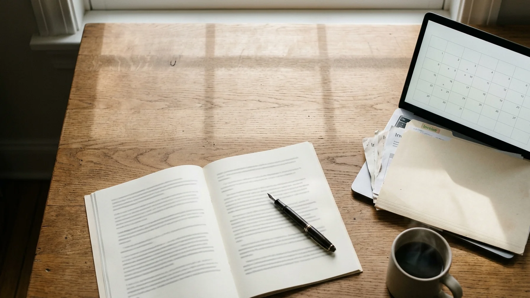 A desk with a signed services agreement, a laptop showing a calendar of recurring payment dates, and a folder of invoices, lit by window light.