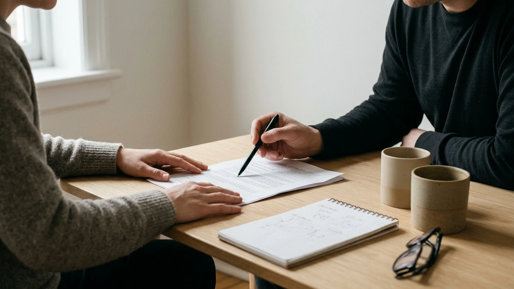 Two people reviewing a printed contract across a table in a small office, one pointing at a clause with a pen