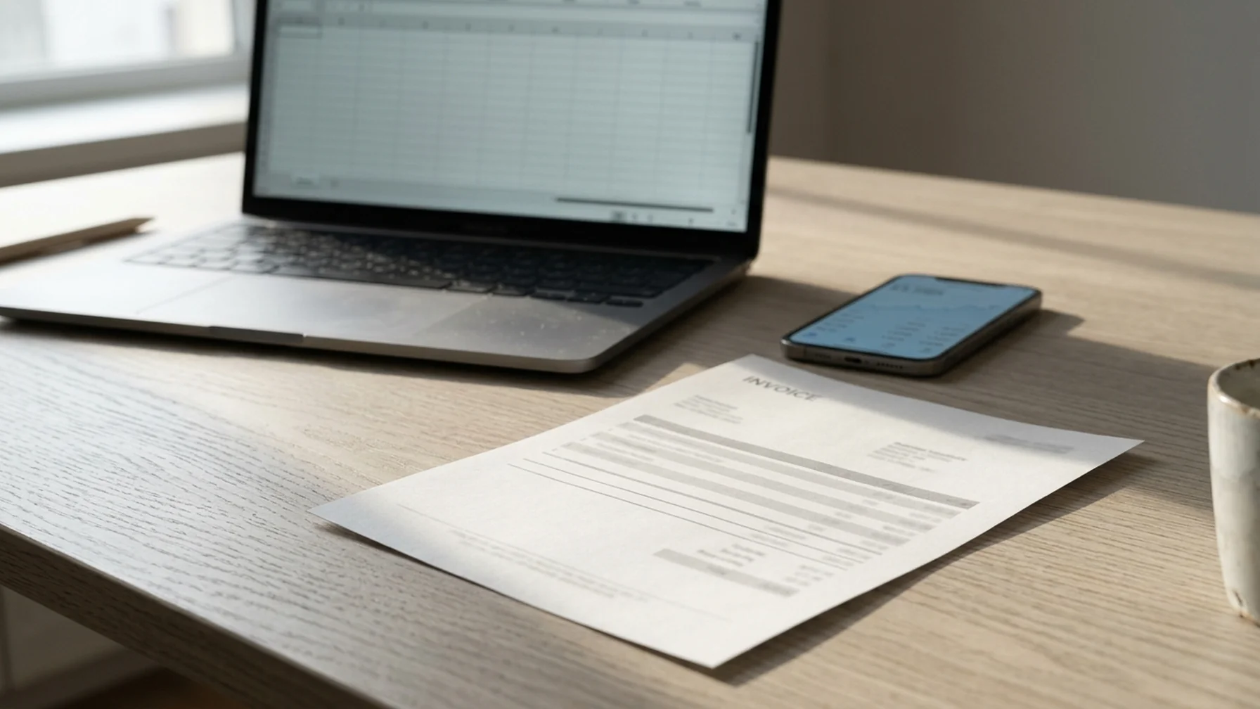 A laptop and a paper invoice on a wooden desk beside a phone showing a currency conversion screen, morning light from a window