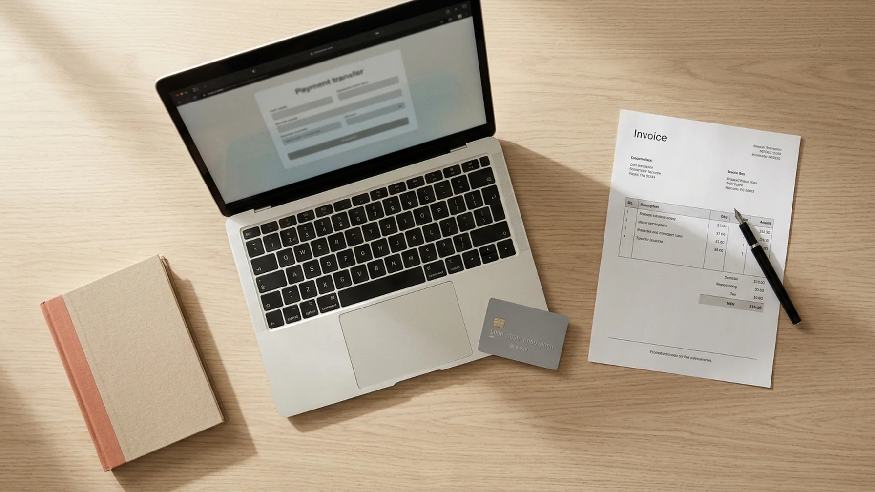 A laptop on a wooden desk showing a payment transfer screen, a paper invoice beside it and a bank card, lit by soft window light