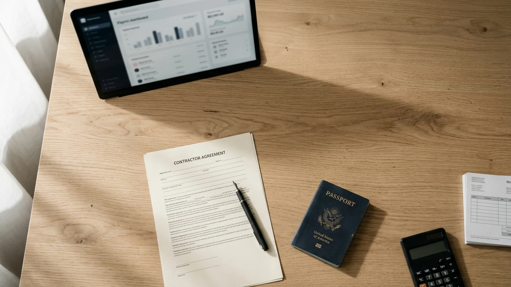 A desk with a signed contractor agreement, a passport, a laptop showing a payment dashboard, and a calculator, lit by window light.