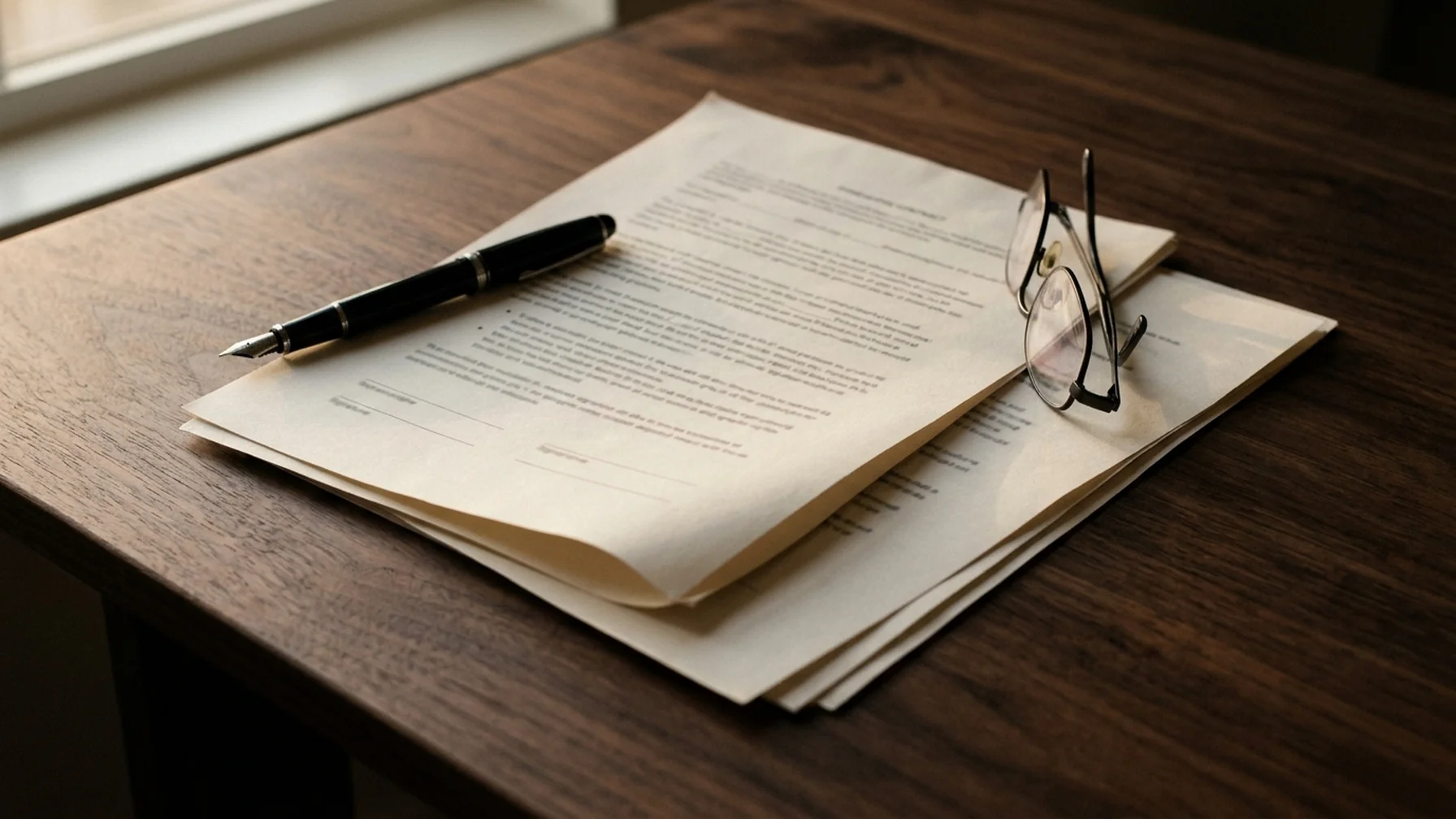 A printed contract with a pen and a pair of reading glasses on a dark desk, one page turned