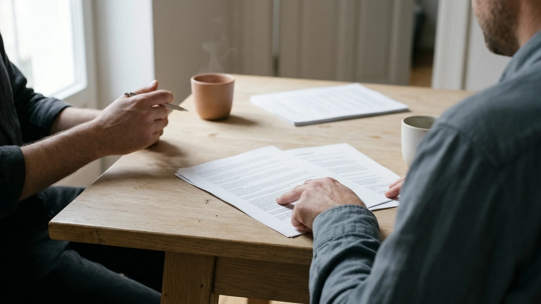Two people reviewing printed documents together at a table in a bright office, one pointing at a clause on the page