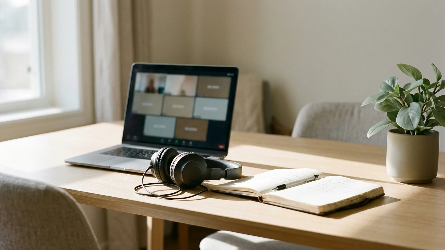 A home workspace with a laptop open to a video call, headphones, a notebook and a plant on a tidy desk near a window
