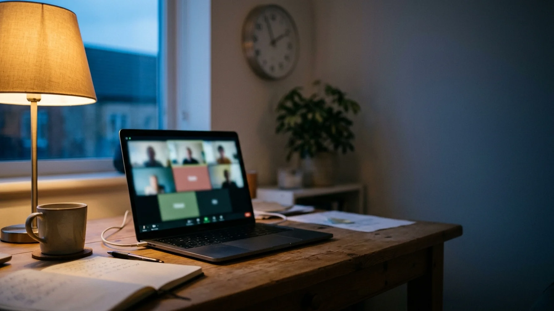 A home workspace at dusk with a laptop open on a video call grid, a desk lamp lit, and a wall clock behind